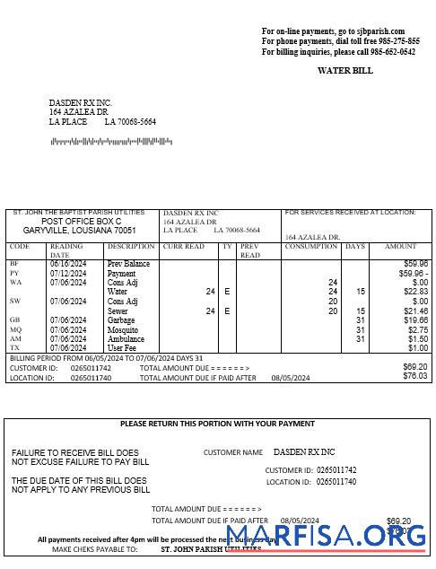 Printable USA Louisiana St. John the Baptist Parish water business utility bill in Word and PDF formats example